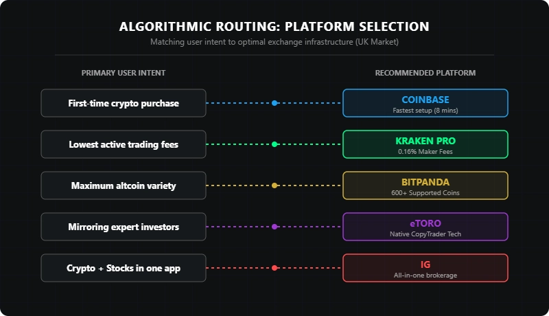 A visual comparison of UK crypto platforms showing which apps allow full hardware wallet withdrawals, like Kraken and Bitpanda, versus restricted custody platforms like eToro and IG.