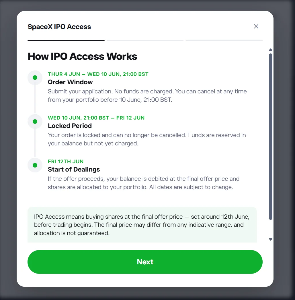 eToro SpaceX IPO Access timeline showing the order window to 21:00 BST on 10 June, a locked period, and the start of dealings on 12 June 2026.