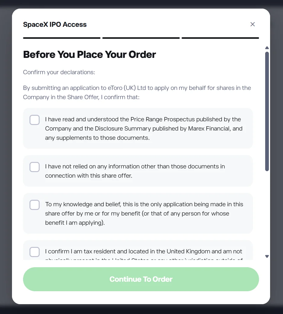 SpaceX IPO Access declarations in The Investors Centre&rsquo;s eToro account, confirming the investor has read the Price Range Prospectus and the Disclosure Summary published by Marex Financial.