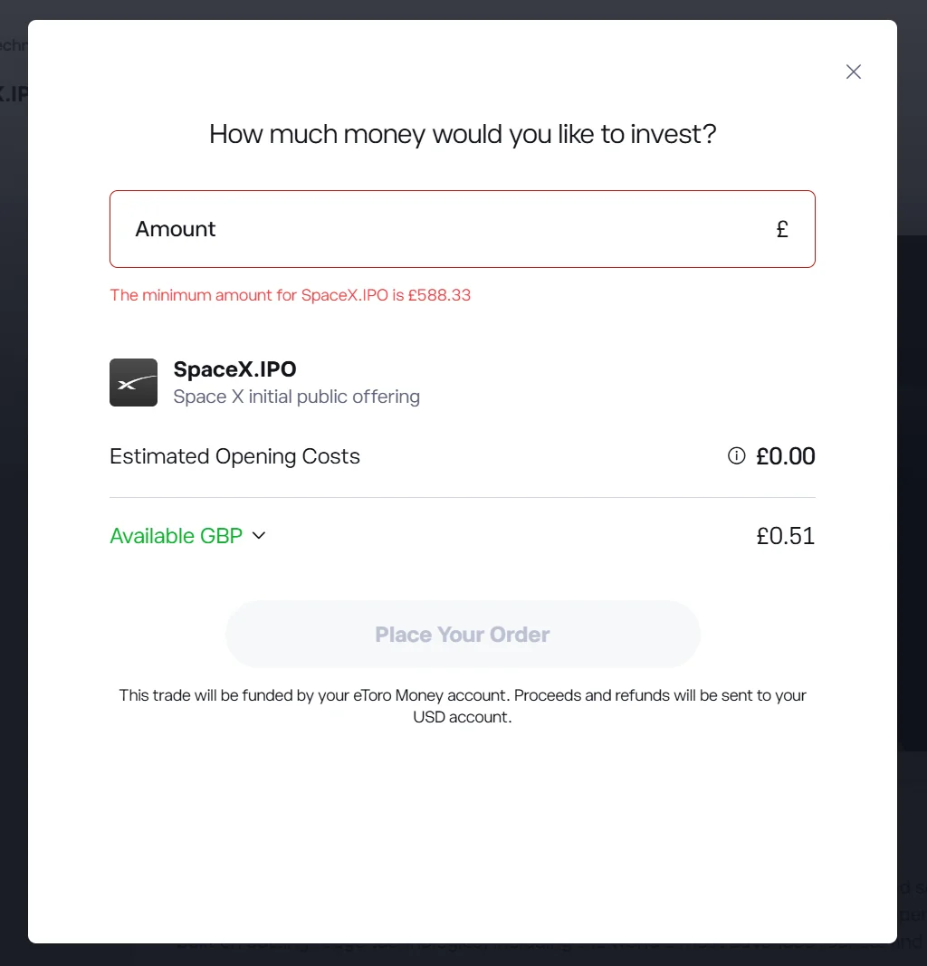 SpaceX IPO order screen in The Investors Centre&rsquo;s eToro account showing a minimum investment of &pound;588.33, the pound equivalent of the $750 minimum, with zero estimated opening costs.