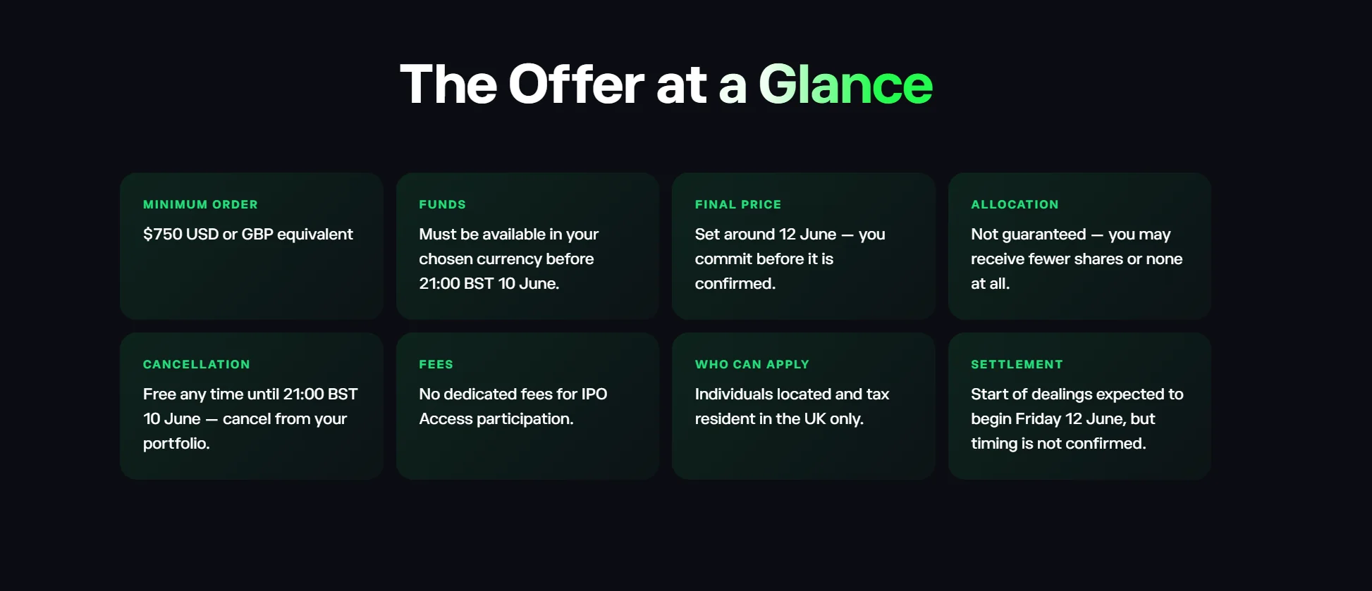 eToro SpaceX IPO offer summary listing the $750 minimum order, no dedicated IPO Access fees, allocation not guaranteed, and a UK residents only restriction.
