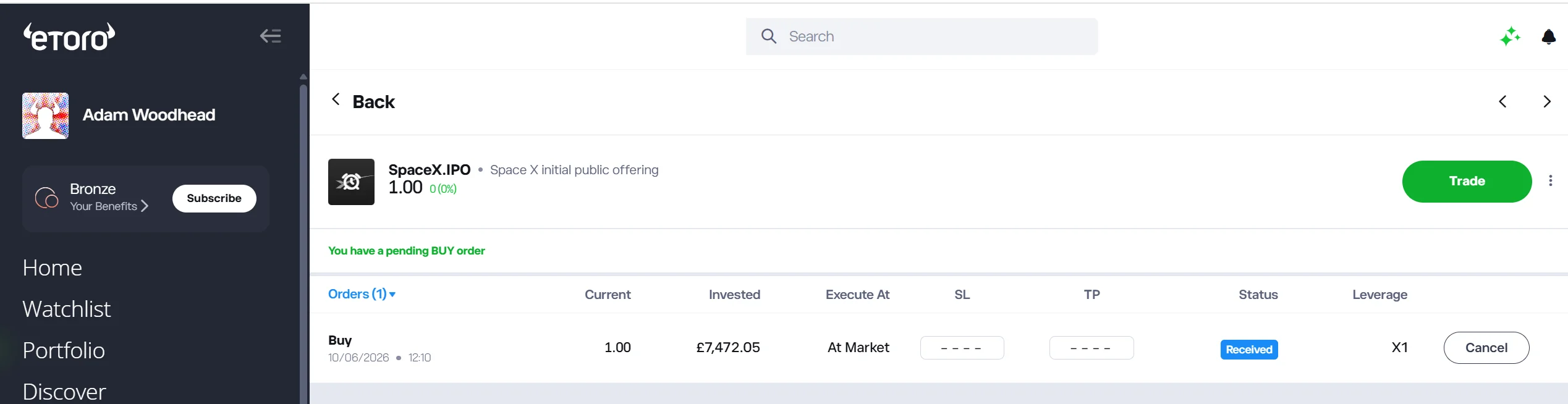 Pending SpaceX IPO buy order in The Investors Centre&rsquo;s eToro account, placed at market with no leverage on 10 June 2026 and marked as received.