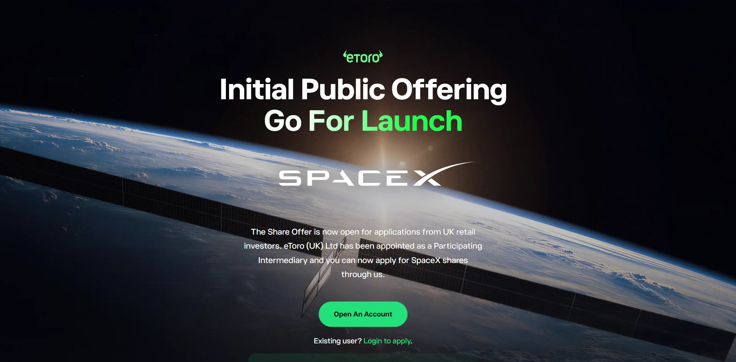 eToro SpaceX IPO share offer page confirming eToro (UK) Ltd as a Participating Intermediary through which UK retail investors can apply for SpaceX shares.