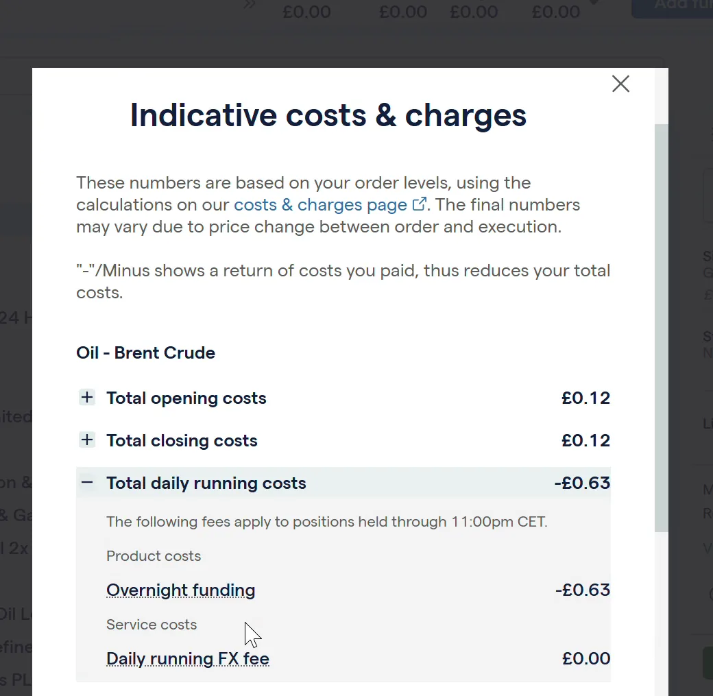 IG indicative costs and charges panel for a Brent crude position showing opening and closing costs of 12 pence and overnight funding of minus 63 pence per day