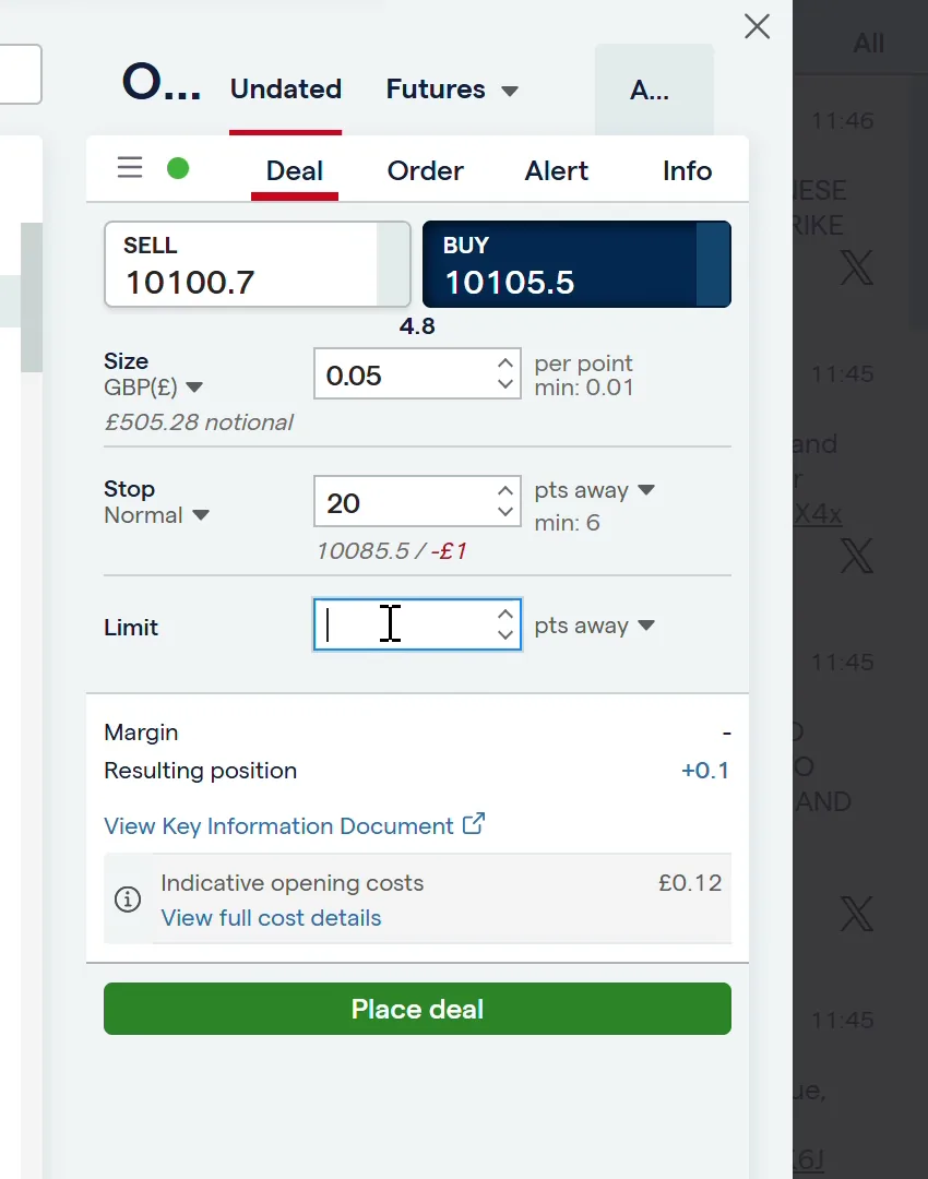 IG Brent crude deal ticket showing a sell price of 10100.7, a buy price of 10105.5, a 4.8 point spread, a 0.05 per point stake and the notional position value