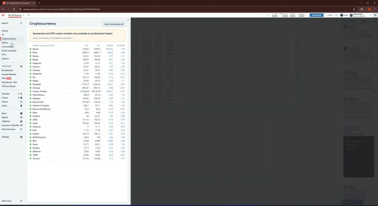 IG cryptocurrency platform on desktop showing coins available to trade and swap with live prices
