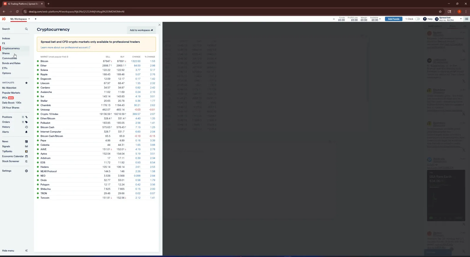 IG cryptocurrencies trading screen on desktop showing coin prices and buy and sell controls