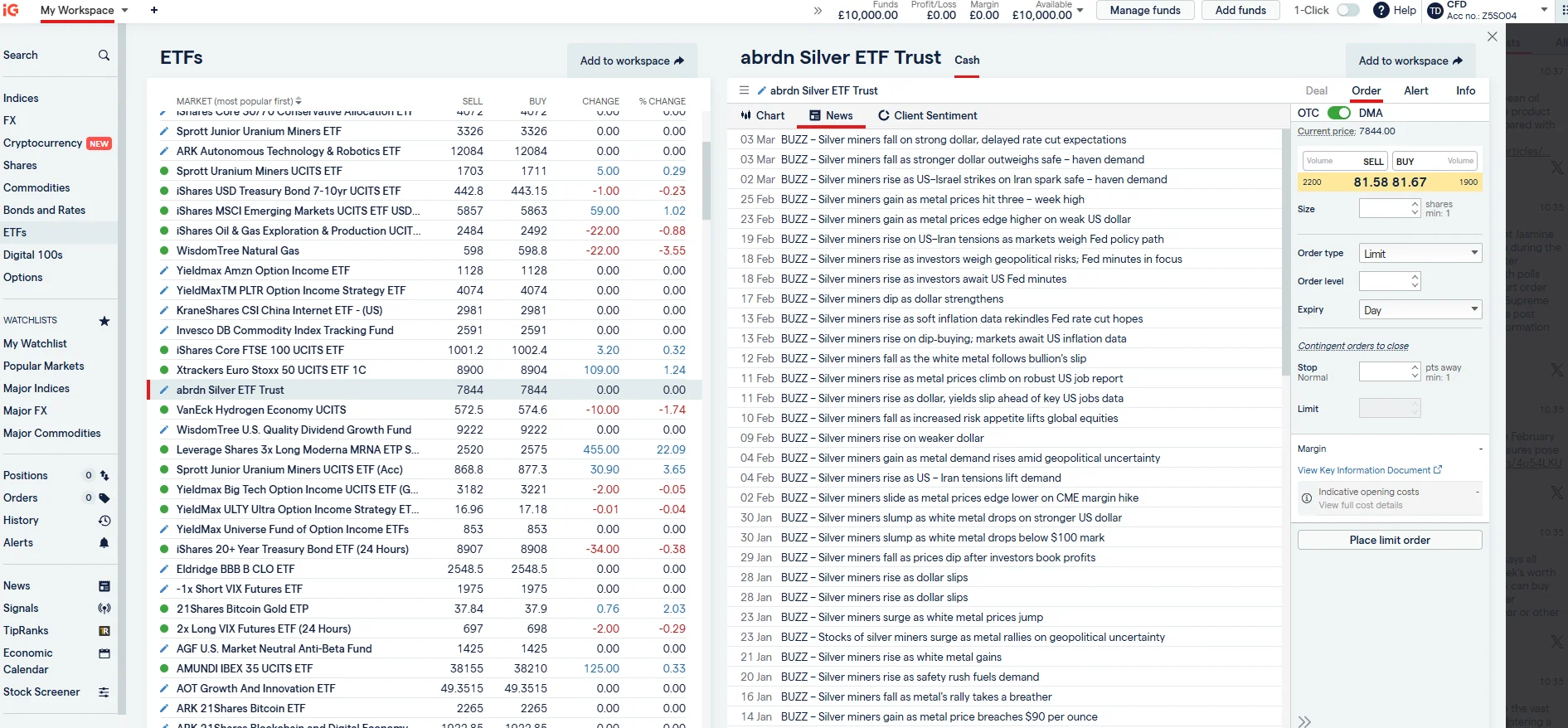 IG crypto market list showing Bitcoin and Ethereum with live prices
