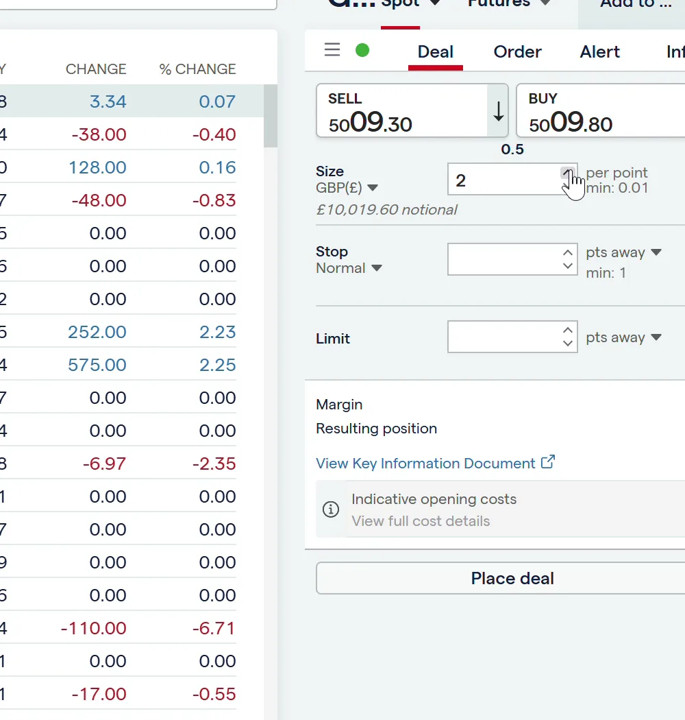 IG spot gold deal ticket showing the sell price of 5009.30, the buy price of 5009.80, a 0.5 point spread and the notional position value