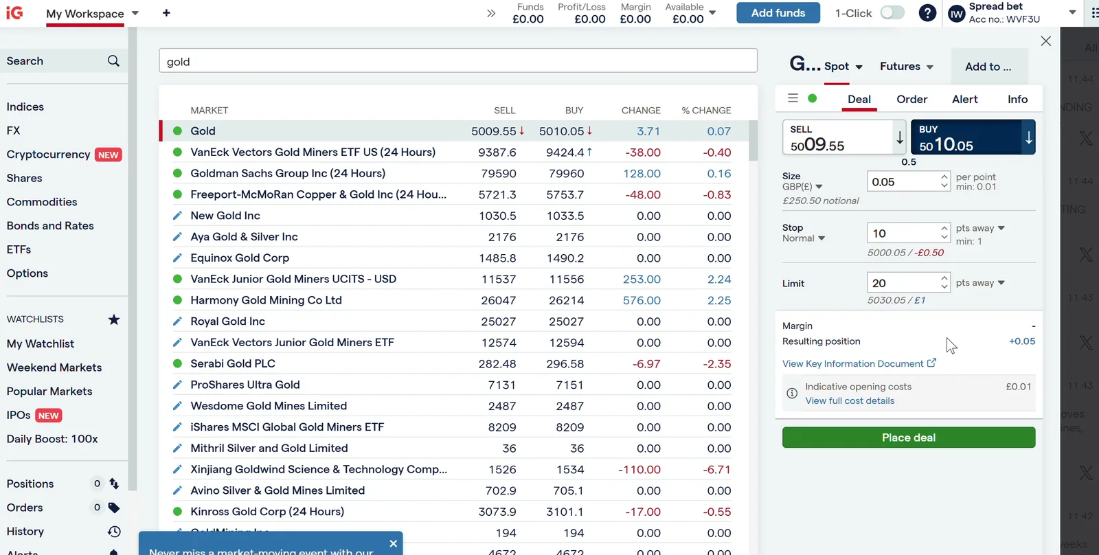 IG spread bet deal ticket showing the stake per point, the buy and sell spread and the margin required