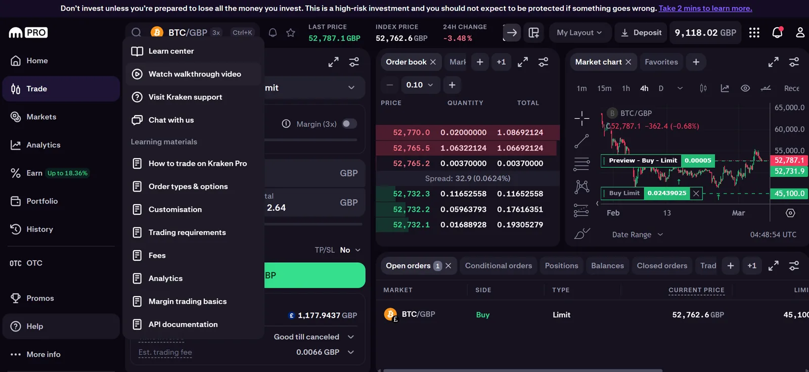 Kraken Pro trading interface showing advanced charting and order types