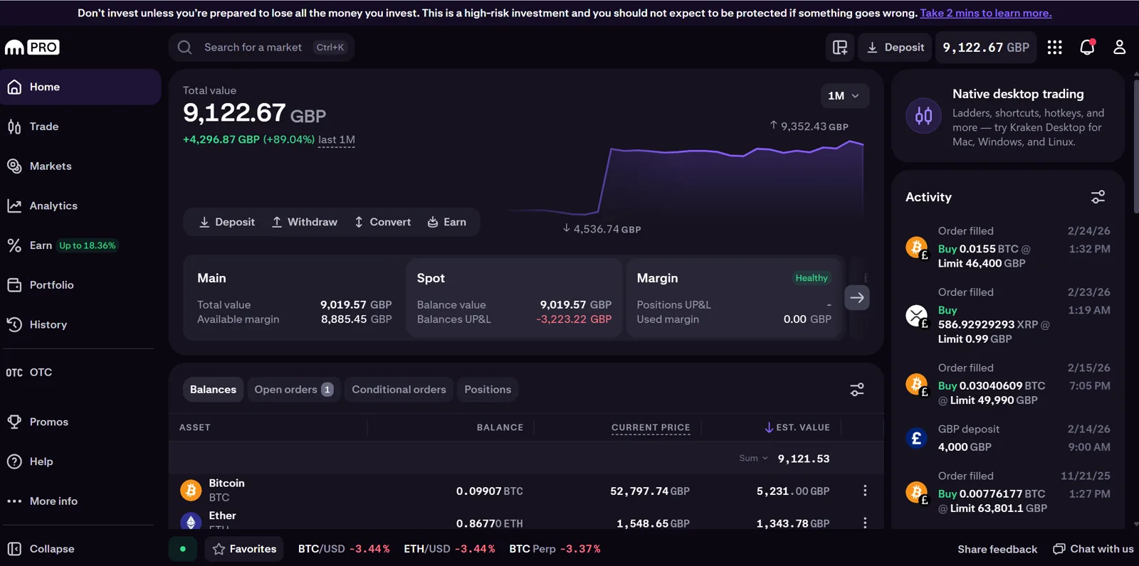 Kraken Pro portfolio screen with the Earn section advertising up to 18.36% yield on crypto holdings