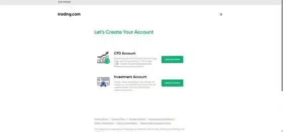 Trading.com account-type selector showing the CFD account and Investment Account, both available to UK clients