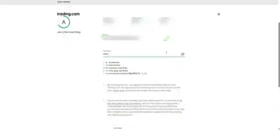 Trading.com signup enforcing strong passwords and presenting the recorded-calls disclosure