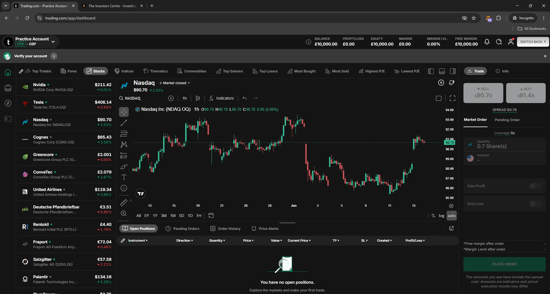 Trading.com stock screener in the new UI, showing the category strip (US/EU/UK Large, ETFs, Top Traded, Lowest P/E) and a Nasdaq chart