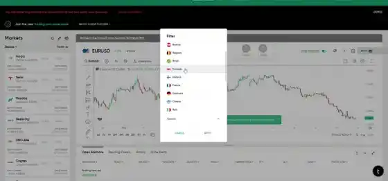 Trading.com stocks screener with the country filter open, spanning US, EU and UK markets