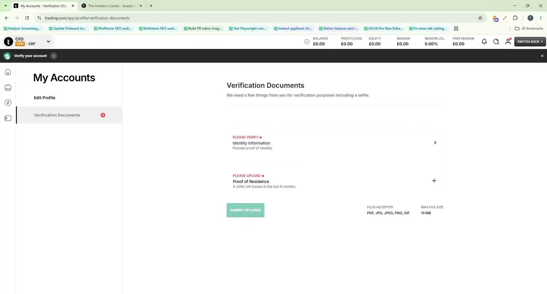 Trading.com verification page requiring ID, proof of residence and a selfie