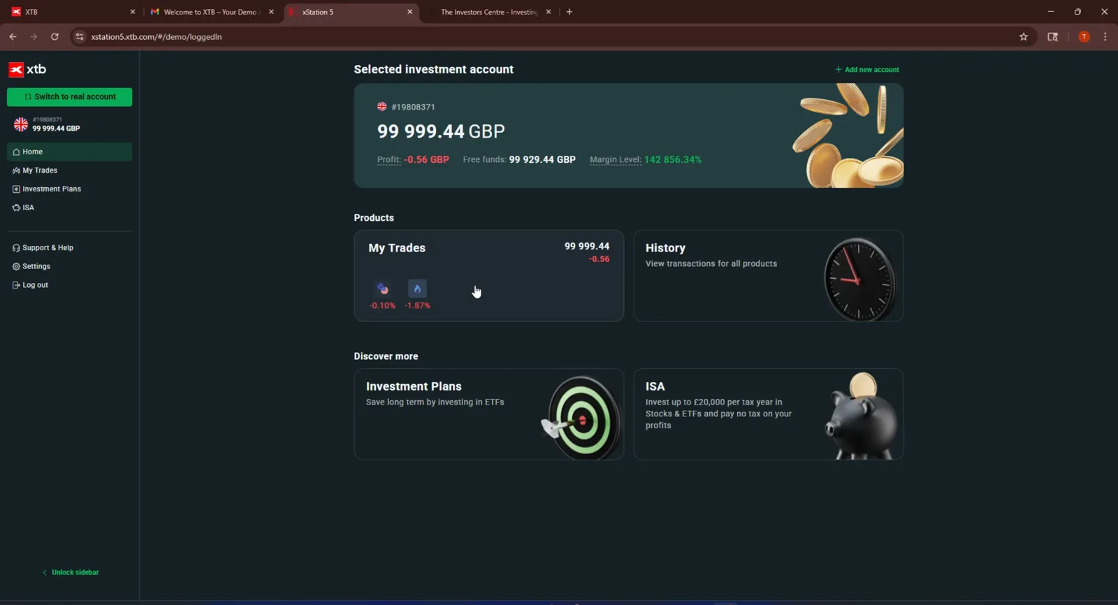 XTB xStation platform home dashboard showing markets and account overview