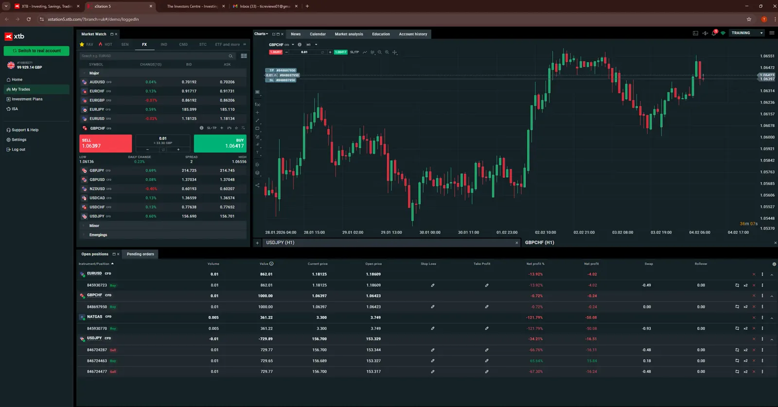 XTB xStation 5 trading workspace showing a chart, watchlist and order panel