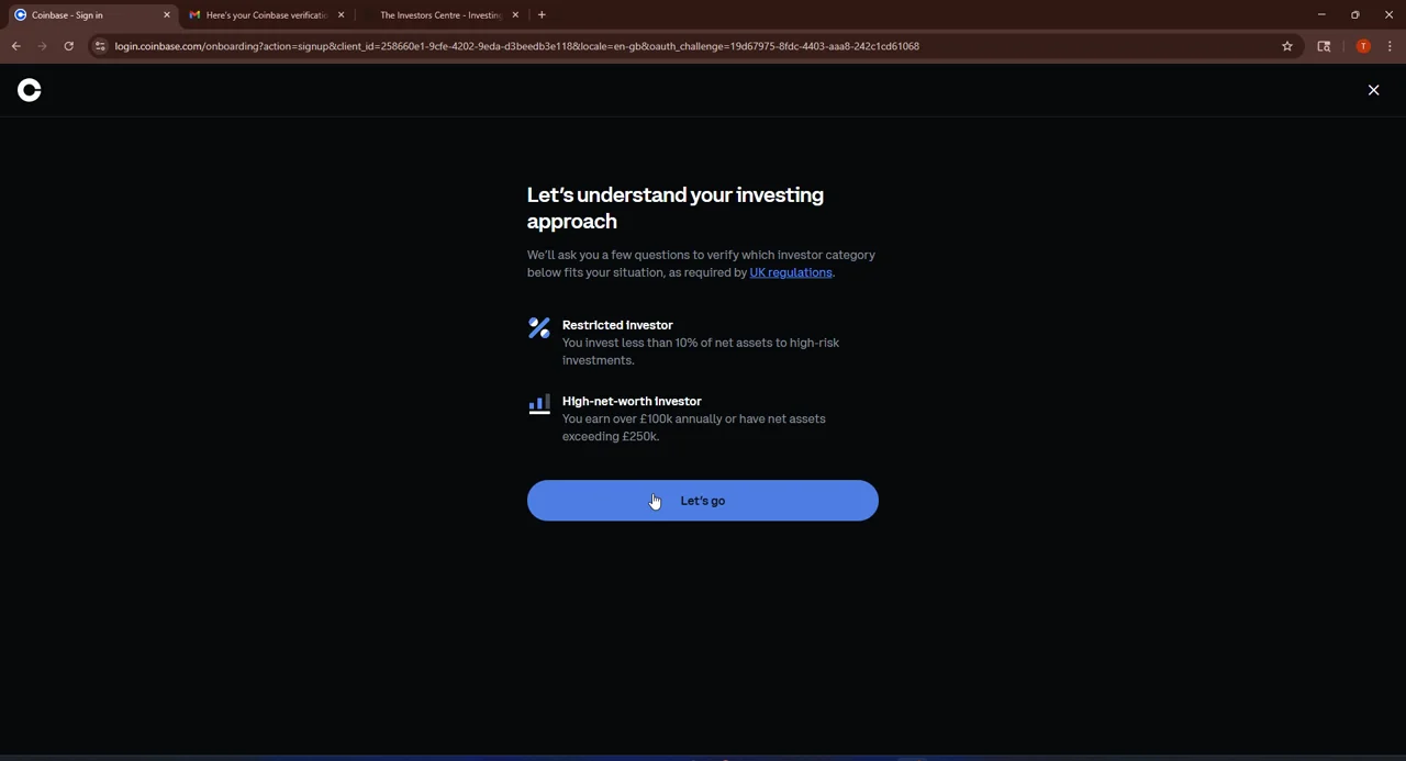 Coinbase UK sign-up flow showing the FCA-required investor categorisation step