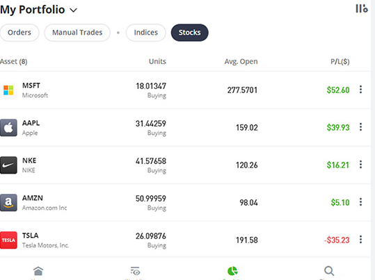 eToro portfolio view from my funded test account showing fractional US stock holdings with live profit and loss