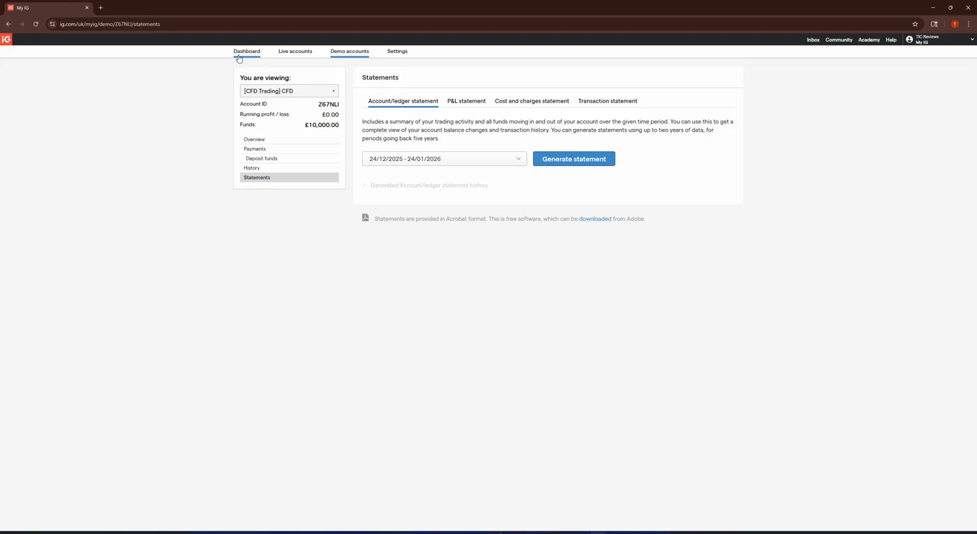 IG My IG account area showing the statements section including the cost and charges tab