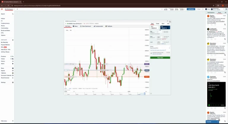 IG deal ticket showing sell and buy prices, stop and limit fields and indicative opening costs before dealing