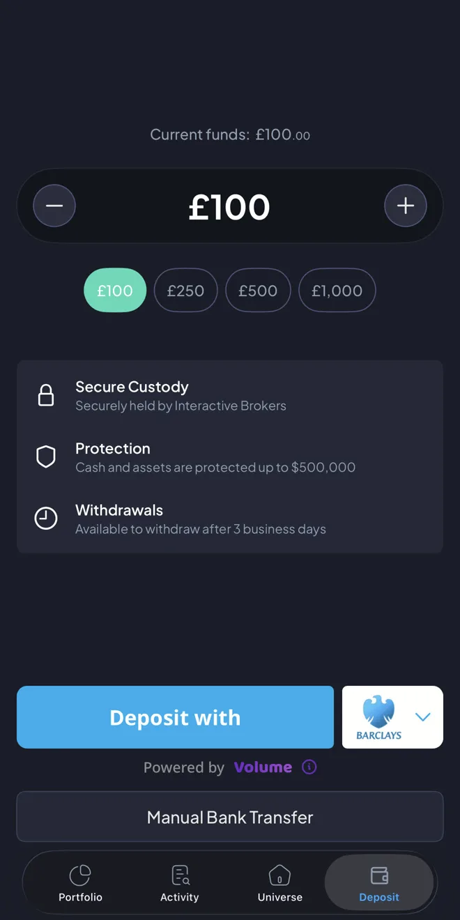 Investa deposit screen stating assets are securely held by Interactive Brokers and protected up to 500,000 dollars