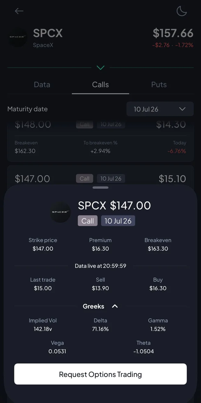 Investa option detail card for a SpaceX call showing live bid and ask prices and the full Greeks panel with implied volatility, delta, gamma, vega and theta