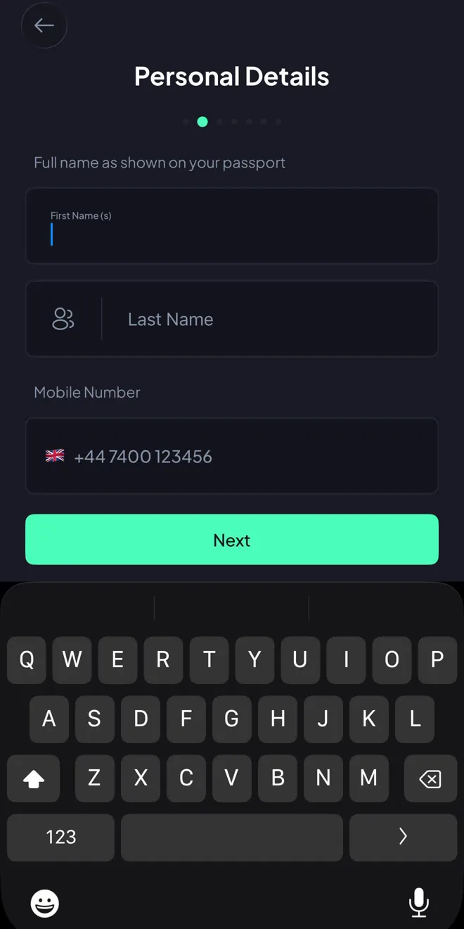 Investa sign-up flow showing the personal details step with passport name and UK mobile number fields