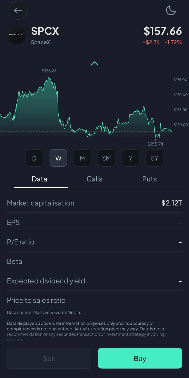 Investa iOS app stock page showing SpaceX (SPCX) with price chart, fundamentals and Calls and Puts tabs in 2026