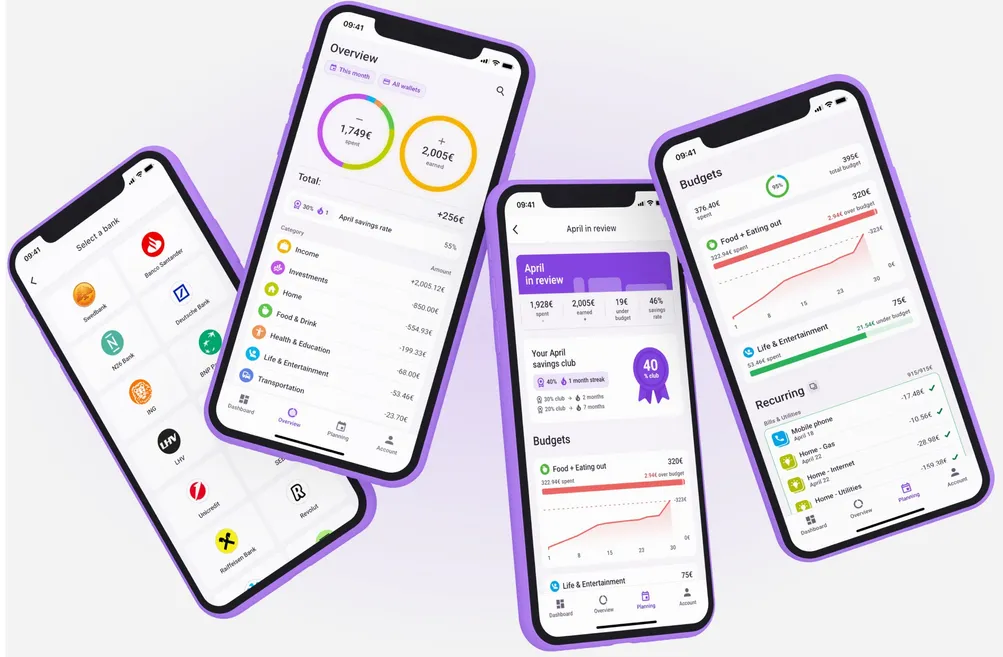 Bilance budgeting app showing budgets, recurring expenses and spending overview screens