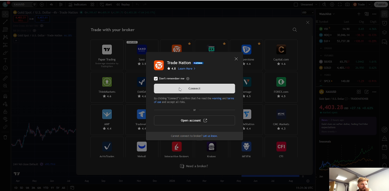 Trade Nation shown in the TradingView broker-connect interface
