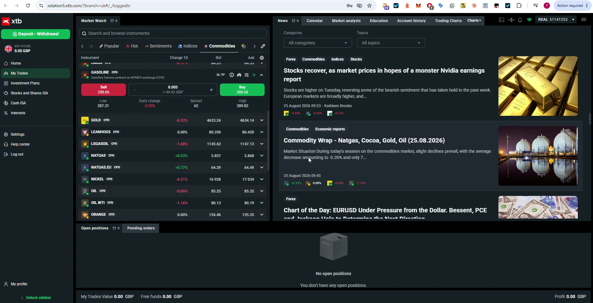XTB xStation 5 order ticket with execution settings open, tested August 2026