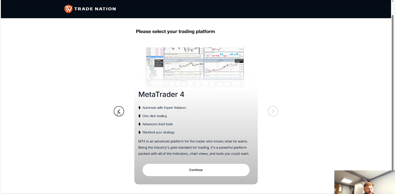 Trade Nation account setup showing MetaTrader 4 as a platform option