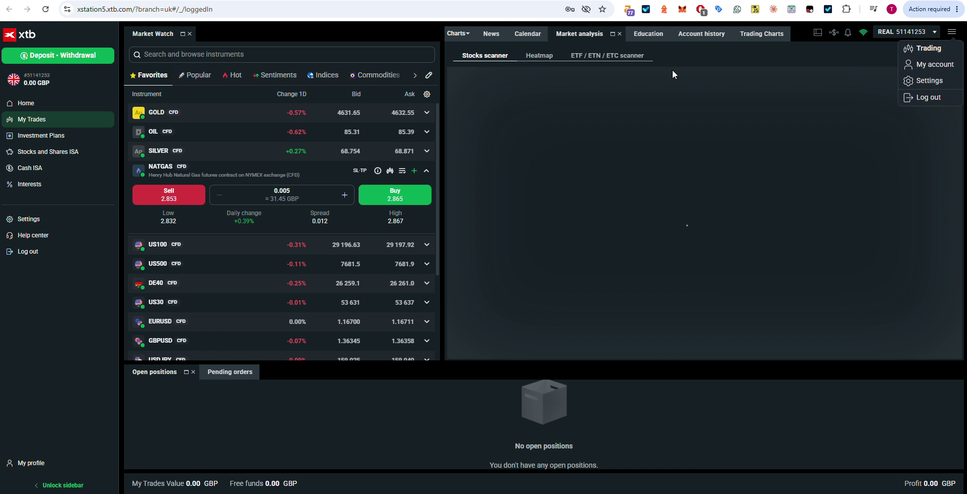 XTB xStation 5 stock scanner screening UK and US equities, tested August 2026