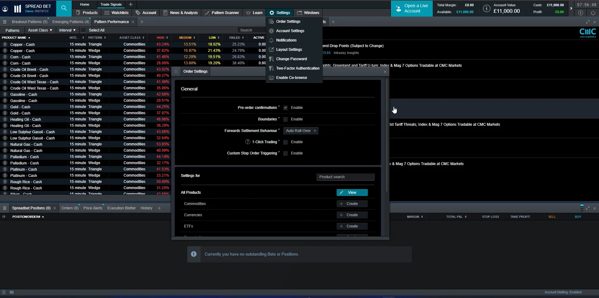 CMC Markets platform watchlist view with live instrument pricing