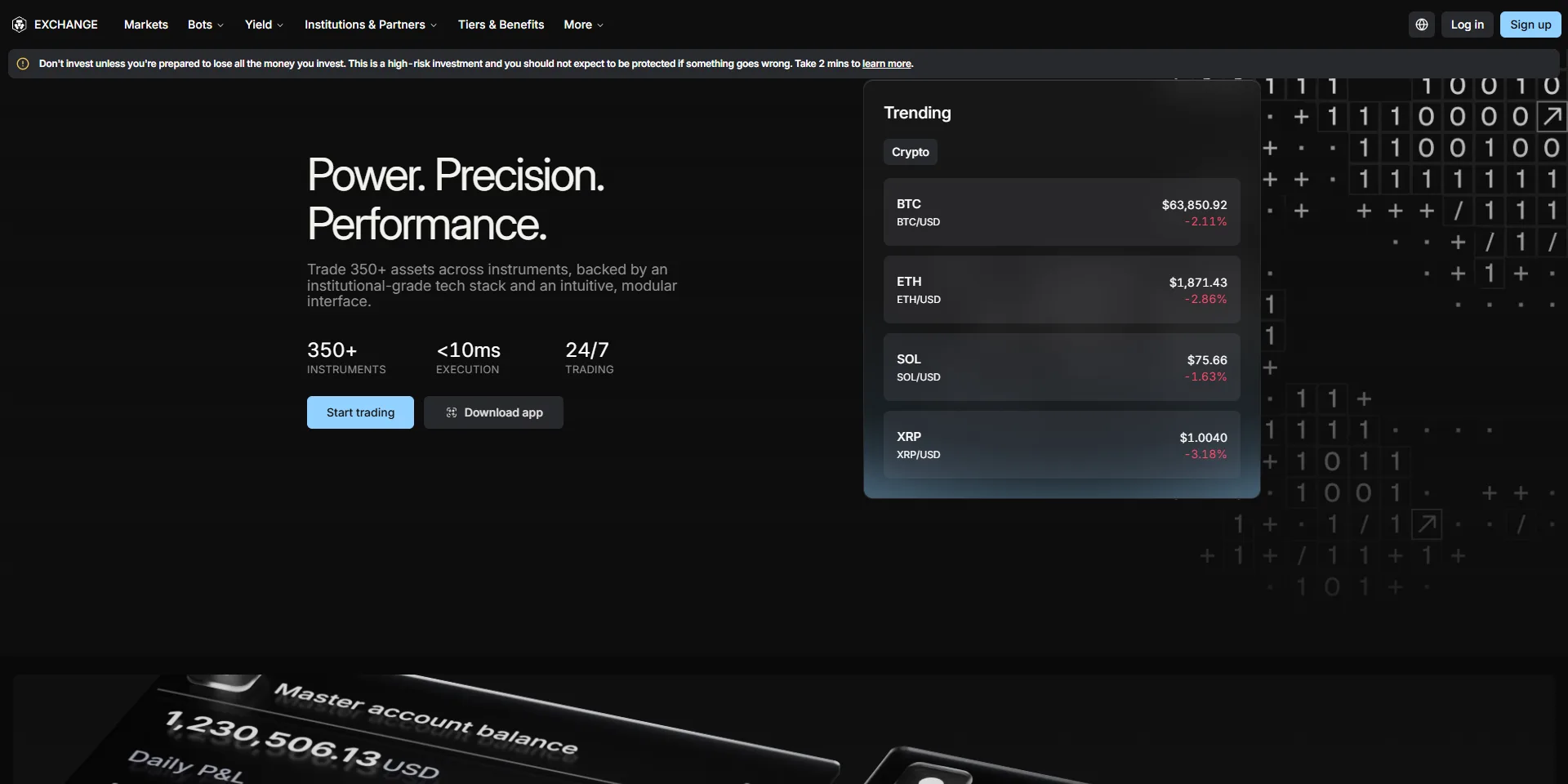 Crypto.com Exchange landing page showing 350+ instruments, sub-10ms execution and 24/7 trading with live BTC, ETH, SOL and XRP prices