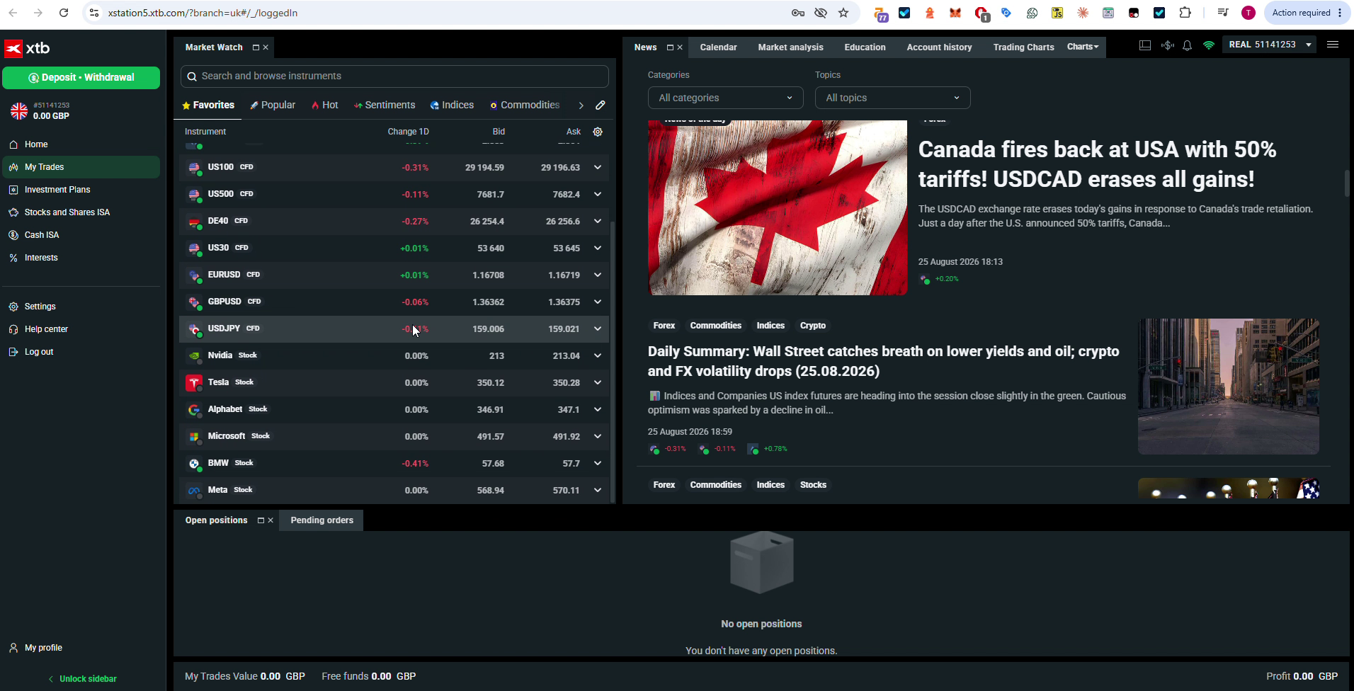 XTB xStation 5 Tesla TSLA share view with a fractional order ticket, tested August 2026