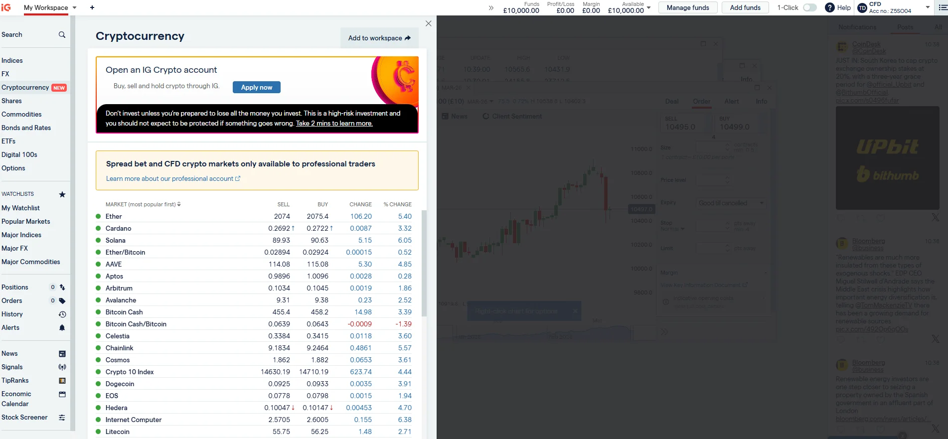 IG cryptocurrency market list showing Bitcoin and Ethereum with live prices in the watchlist