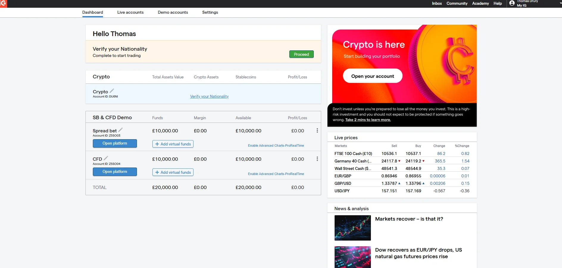 IG dashboard account overview showing the crypto account promotion alongside other IG accounts