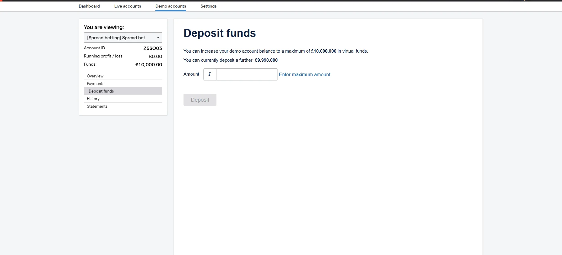 IG demo account screen showing the deposit funds step on a spread betting account
