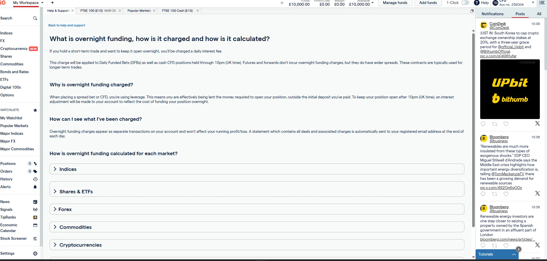 IG help page explaining overnight funding with a breakdown of how it applies across markets