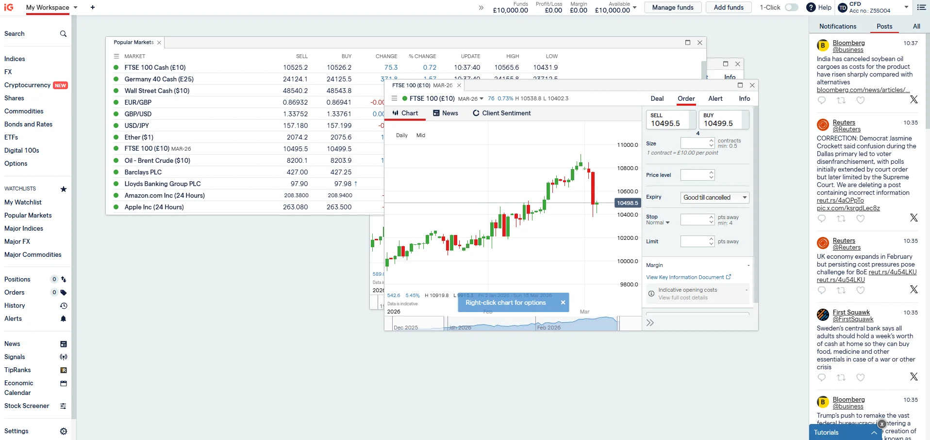 IG platform showing popular indices with an expanded FTSE 100 chart