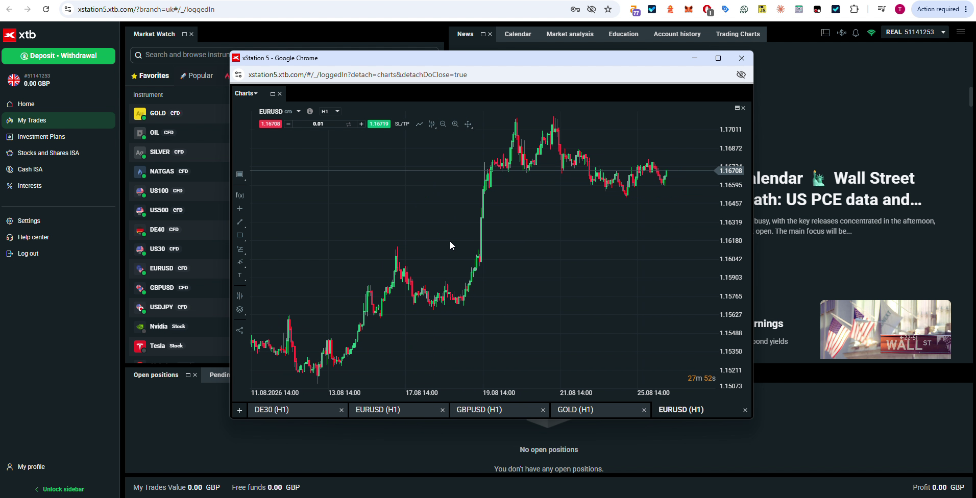 XTB xStation 5 EUR/USD quote panel showing the live spread, tested August 2026
