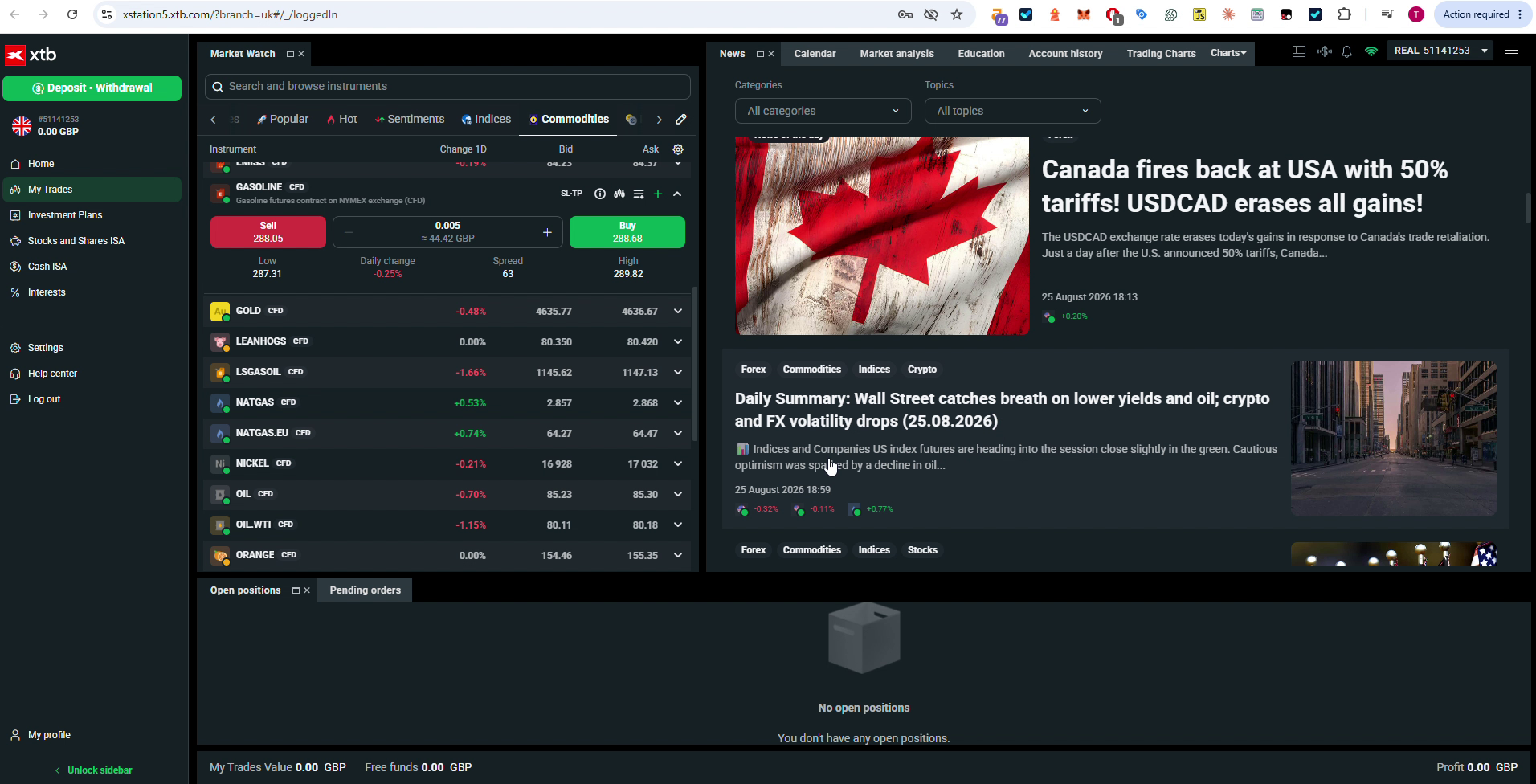 XTB xStation 5 showing WTI and Brent crude charts side by side, tested August 2026