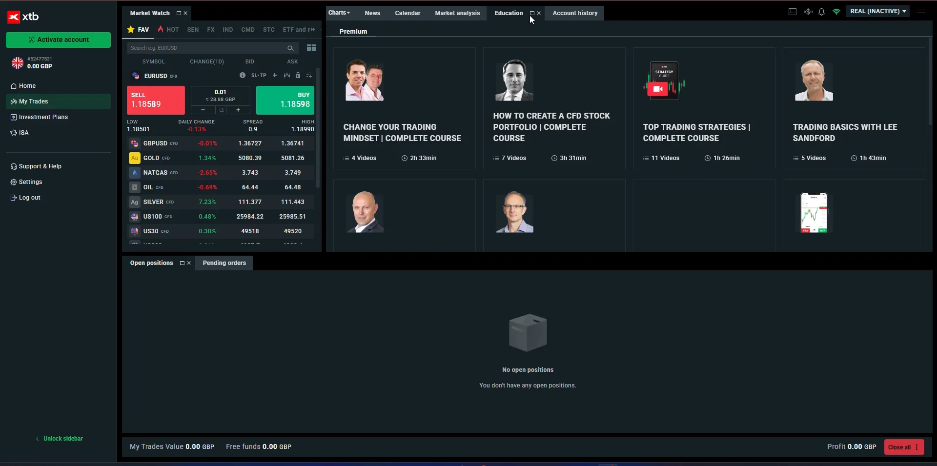 XTB xStation 5 platform overview showing portfolio and market panels