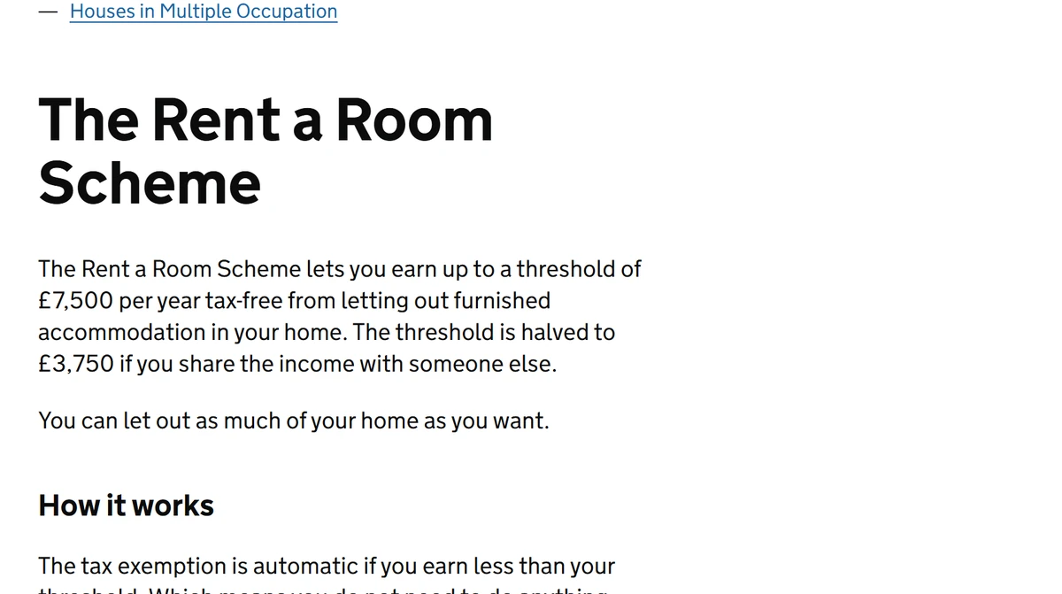The GOV.UK Rent a Room Scheme page, showing the GBP7,500 tax-free threshold and the GBP3,750 halved rate for shared income
