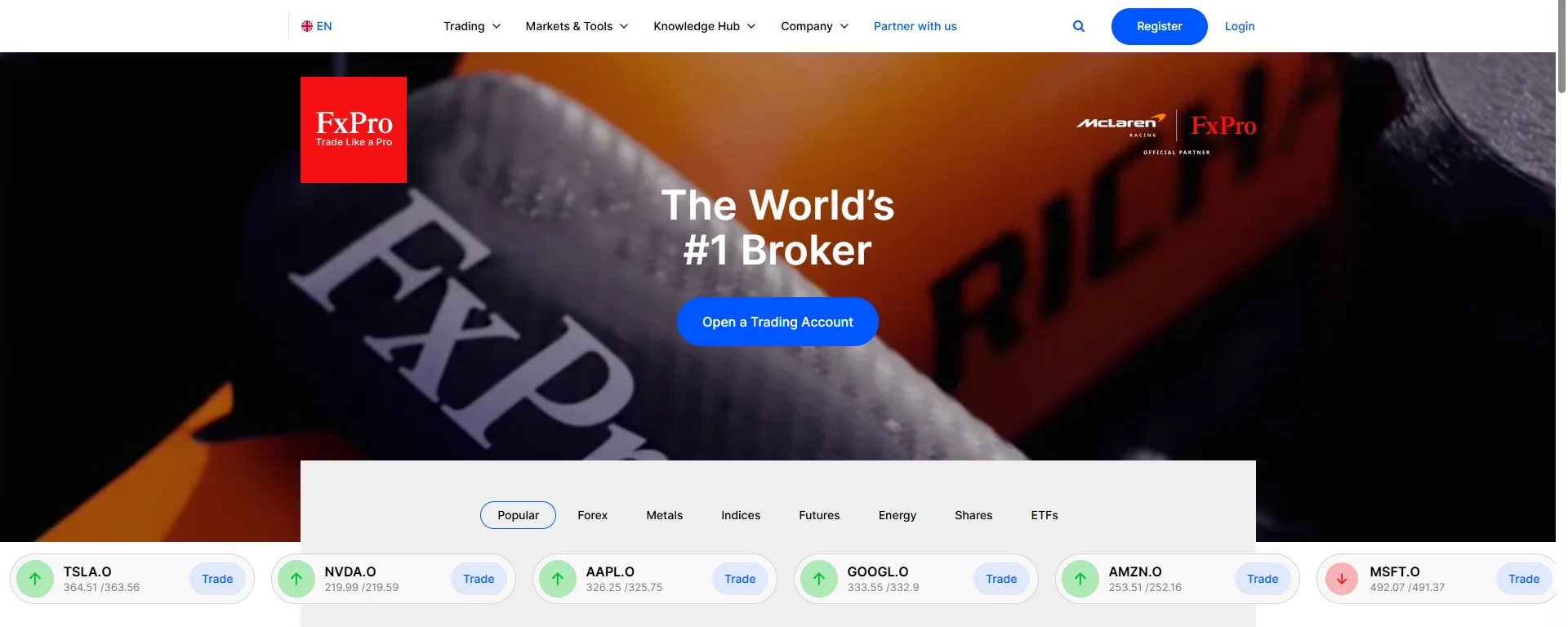 FxPro homepage hero calling itself the world's number one broker over a McLaren partnership banner, with a strip of tradeable US share tickers quoting live sell and buy prices