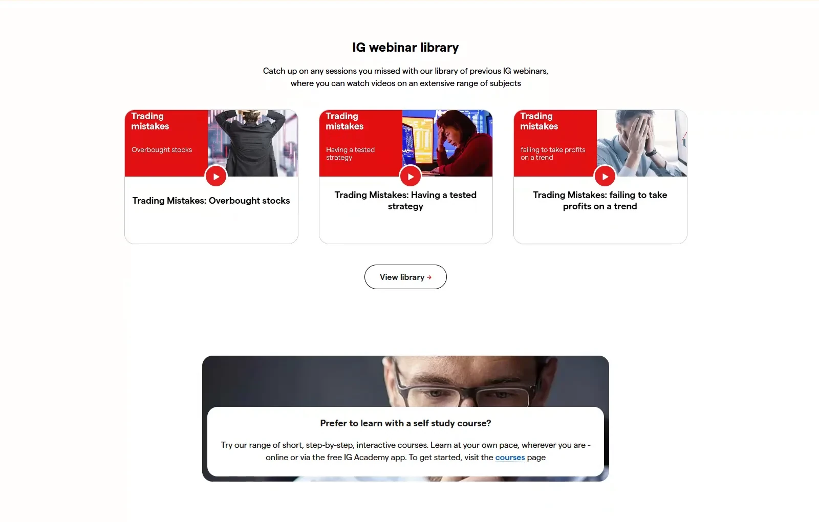 IG webinar library page with a row of trading mistakes video cards covering overbought stocks, tested strategies and taking profits, above a self study course invitation